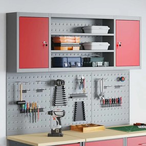 Conjunto de Armário de Ferramentas e Painel de 6 Peças Montado na Parede Vermelho Metal