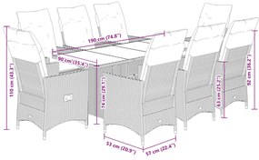 9 pcs conjunto de jantar p/ jardim c/ almofadões vime PE preto