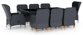 9 pcs conj. jantar exterior c/ almofadões vime PE cinza-escuro