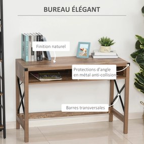 Secretária de design industrial com tampo grande, 2 compartimentos abertos metálicos pretos e painéis de aglomerado com imitação de madeira com veios