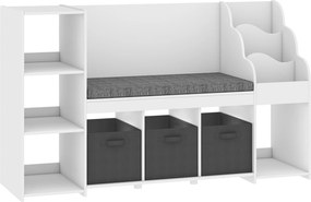 AIYAPLAY Estante Infantil para Brinquedos com Canto de Leitura Almofada 3 Gavetas de Tecido 3 Prateleiras 4 Compartimentos 137x40x80 cm Branco | Aosom Portugal