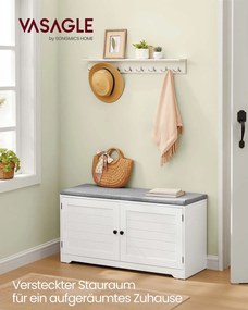 Banco para sapatos com espaço de arrumação 35,5 x 101 x 52,5 cm, portas, almofadas de assento e prateleiras ajustáveis Branco e cinzento