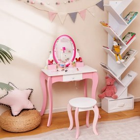 Toucador e banco infantil com espelho giratório 360°, gavetas para quadro branco branco e rosa