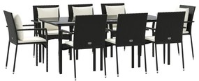 9 pcs conjunto de jantar p/ jardim c/ almofadões vime PE preto