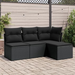 4 pcs conjunto de sofás para jardim c/ almofadões vime PE preto