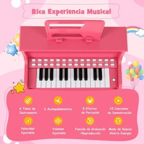 Piano de brincar com 25 teclas para crianças 38 x 24 x 47 cm, com banco e suporte, velocidade e volume ajustáveis, modo de aprendizagem, design em mad