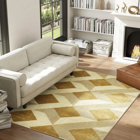 Tapete Sala de Estar 170x120 cm Tapete Lavável na Máquina de Lavar Pelo Curto Estilo Moderno Creme e Castanho Claro