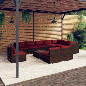 vidaXL 11 pcs conjunto lounge jardim c/ almofadões vime PE castanho