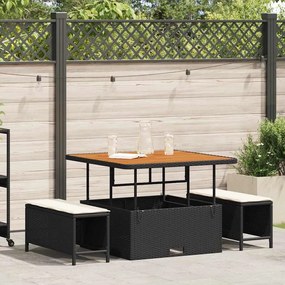 Conjunto de Jantar de Jardim com 3 Peças e Almofadas Preto em Rattan Poliéster e Acácia