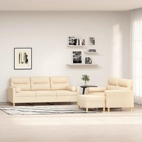 vidaXL 3 pcs conjunto de sofás c/ almofadões tecido cor creme