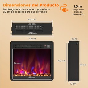 Lareira elétrica encastre 18” de 1500 W com comando à distância Temporizador Termóstato Preto