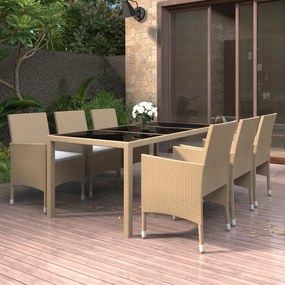 vidaXL 7 pcs conj. jantar para jardim vime PE e vidro temperado bege