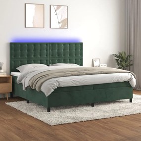 Cama box spring c/ colchão/LED 200x200 cm veludo verde-escuro