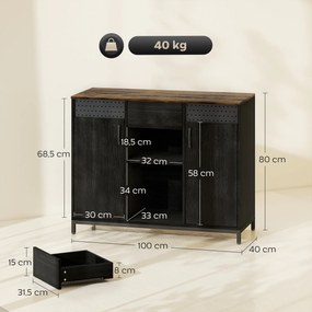 Aparador de 2 Portas com Orifícios 2 Compartimentos e Gaveta Prateleiras Ajustáveis 100x40x80 cm Preto e Castanho Rústico