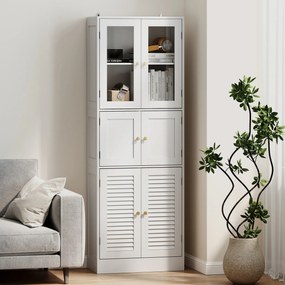 Armário de Casa de Banho Alto com Portas de Vidro Portas de Ripas e Prateleiras Ajustáveis 60x30x170 cm Branco