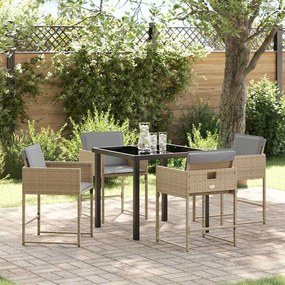 Conjunto de Jantar de 5 Peças para Jardim com Almofadas Bege de Vime Poliéster