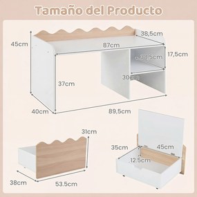 Secretária Infantil, 89,5 x 40 x 45 cm, Caixa de Arrumação com Rodas, Natural+Branco