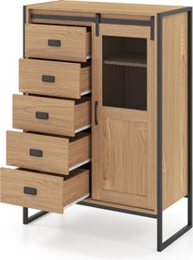 Armário de arrumação, estilo rústico 84 x 40 x 120 cm, com porta de correr, 5 gavetas e prateleiras ajustáveis ideal para casa de banho, sala de estar