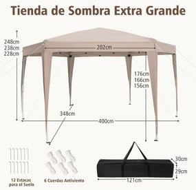 Tenda dobrável hexagonal 400 x 348 cm para exteriores com altura ajustável e pés revestidos cáqui