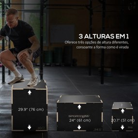 Caixa Pliométrica com 3 Alturas Diferentes para Treino de Força em Casa Ginásio CrossFit Carga 120 kg 76x61x51 cm Preto