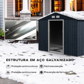 Abrigo de Jardim Metálico para Armazenamento de Ferramentas com Base de Reforço Incluída e 4 Janelas 277x195x192cm Cinza Escuro