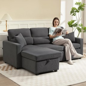 Sofá de canto convertível 205 x 135 x 76 cm em veludo canelado, sofá-cama de 3 lugares com arrumação oculta, almofadas, cinzento