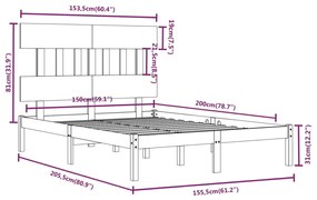 Estrutura de cama king 150x200 cm madeira maciça preto