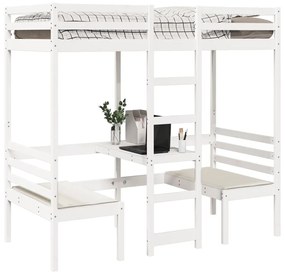 Cama alta c/ secretária/cadeiras 90x190 cm pinho maciço branco