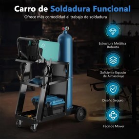 Carrinho de soldagem de 3 níveis 70 x 38 x 87 cm  (MAQUINA NÃO INCLUIDA) com 2 correntes de segurança, rodas giratórias, 2 ganchos laterais e capacida