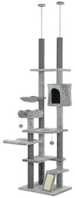 PawHut Arranhador para Gatos de Solo ao Teto com Altura Ajustável Rampa e Bolas de Brincar 60x48x225-255 cm Cinza