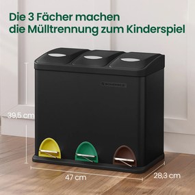 Caixote do lixo para cozinha 3 compartimentos x 8 L, 47 x 28,3 x 39,5 cm preto