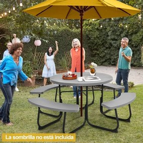Conjunto de jardim para 8 pessoas com mesa e 4 bancos, orifício para guarda-sol e mesa de campismo redonda para piquenique no jardim Carga 225 kg Cinz