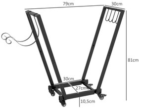 Suporte para Lenha Metálico Lenheiro de Exterior com Rodas e Gancho para Interior e Exterior Carga 50 kg 79x30x81 cm Preto