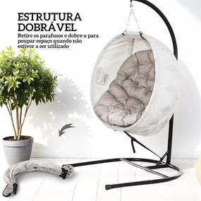 Cadeira Suspensa com Suporte Cesto Dobrável de Malha Dupla com Almofada e Apoio para Copos 106x114x178 cm Areia e Preto