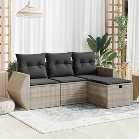 4 pcs conj. sofás jardim c/ almofadões vime PE cinzento-claro