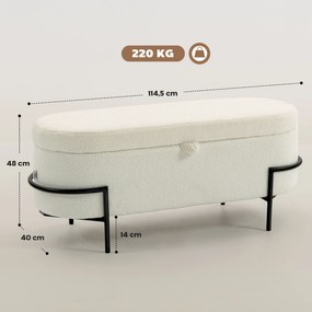 Banco com arrumação 114,5 L x 40 P x 48 A cm, banco com baú de arrumação em tecido felpudo, com tampa levantável e pés em aço, creme