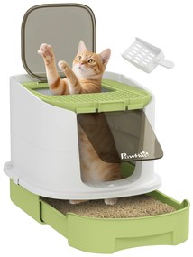 PawHut Caixa de Areia para Gatos Fechada Caixa de Areia para Gatos com Entrada Frontal Saída Superior Tampa Amovível Bandeja e Pá 40,5x52,5x42,5 cm Verde