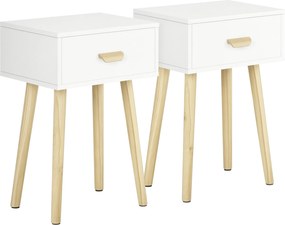 HOMCOM Conjunto de 2 Mesas de Cabeceira com Gaveta e Pés de Madeira Estilo Moderno 40,5x30,5x60cm Branco e Madeira | Aosom Portugal
