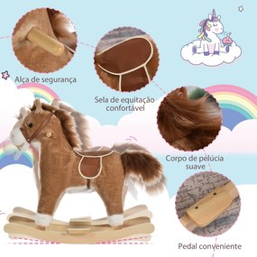 Cavalo Baloiço para Crianças Cavalo Baloiço de Pelúcia Suave com Música Relinchos Sons de Galope Boca e Cauda Móveis 65x32,5x61 cm Castanho