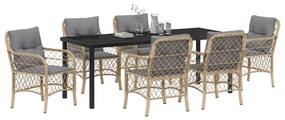 Conjunto de Jantar de Jardim 7 Peças com Almofadas Bege Vime Poly