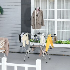 Estendal de roupa dobrável com rodas, ampla área de secagem, aço inoxidável, 138,5 x 63 x 208 cm, prateado e preto