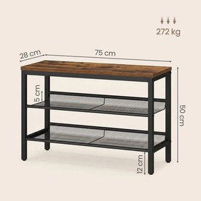 Sapateira com 3 níveis em estilo industrial 28 x 75 x 50 cm castanho-escuro e preto