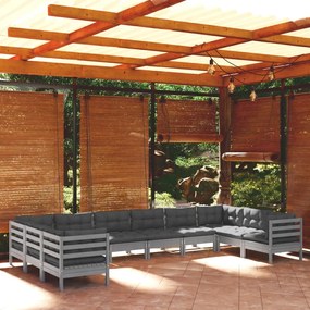10 pcs conjunto lounge de jardim c/ almofadões pinho cinza