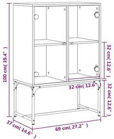 Armário de apoio c/ portas de vidro 69x37x100 cm cinza sonoma