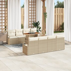 Conjunto de Sofá de Jardim de 9 Peças com Almofadas Bege Rattan Poli