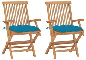 vidaXL Cadeiras de jardim c/ almofadões azul-claro 2 pcs teca maciça