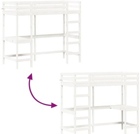 Cama alta com secretária 80x200 cm pinho maciço branco