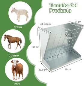 Comedouro de Feno para Animais, 71 x 32,5 x 68 cm, Com Bandeja para Cereais, Prata