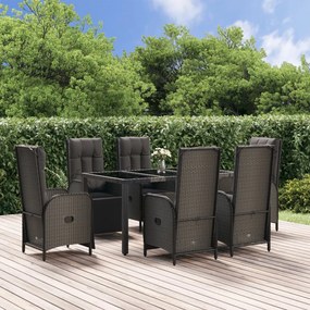 vidaXL 7 pcs conjunto jantar jardim c/ almofadões vime PE preto/cinza