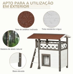 PawHut Casa para Gatos de Madeira 77x50x73cm Casa para Gatos com 2 Níveis com Teto Asfáltico Terraço Cercado Caverna e Escada para Interior e Exterior Branco e Cinza